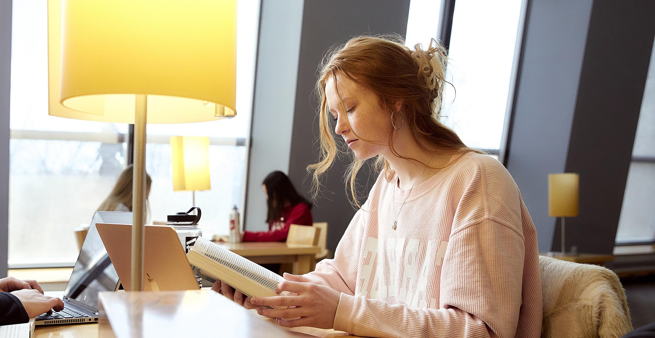 A student reads in Hedberg 图书馆. 